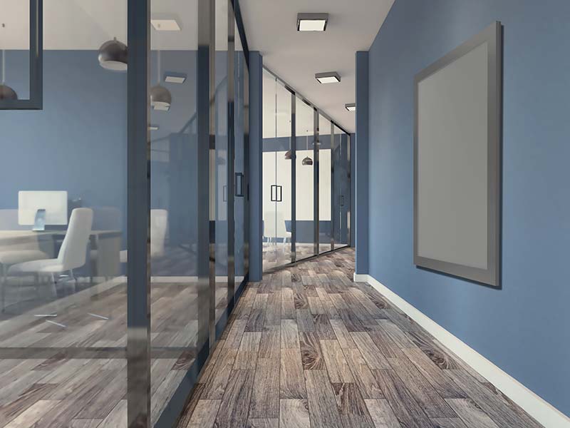 Modern commercial interior with glass-walled offices